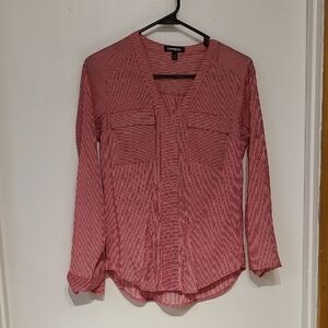 Express Women's Red and White Striped Button Down Shirt